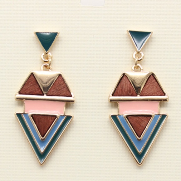 NEW Wood Enamel Geometric Earrings - Picture 3 of 3
